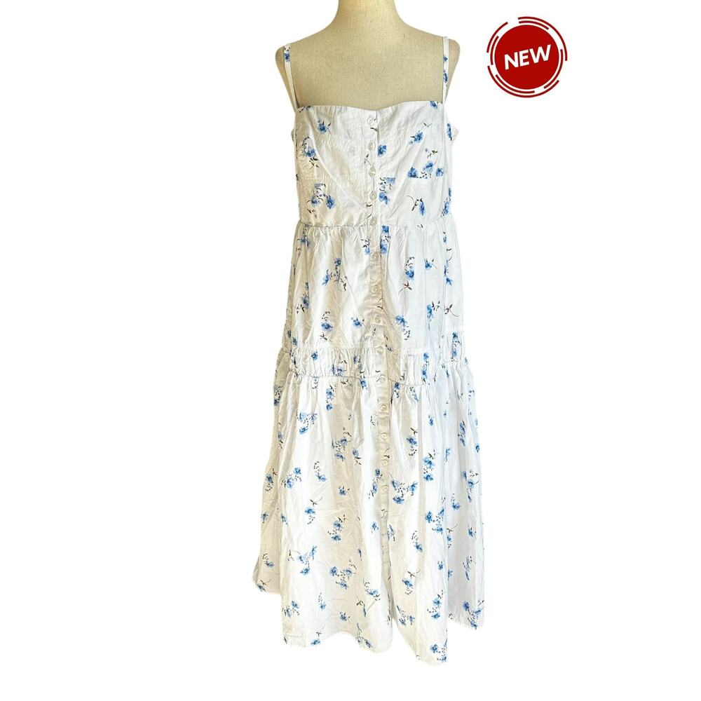 Quince White Midi Dress with Blue Floral Print